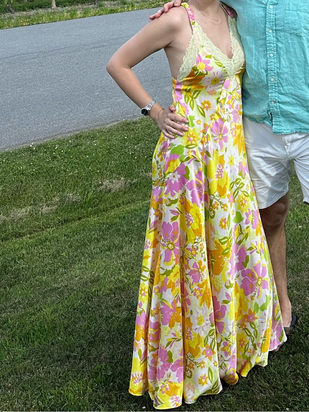 Free People Floral Satin Maxi Dress with Lace Trim size S